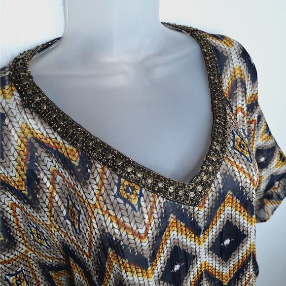 Chico's Diamond Print Poncho Shawl Beaded Sequin Sheer S/M Boho Top Flowy Topper - Picture 3 of 11